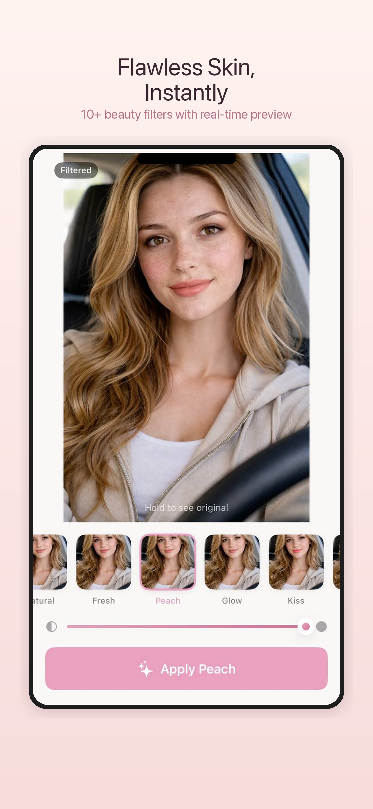 SilkFace app showing skin retouching with Peach filter